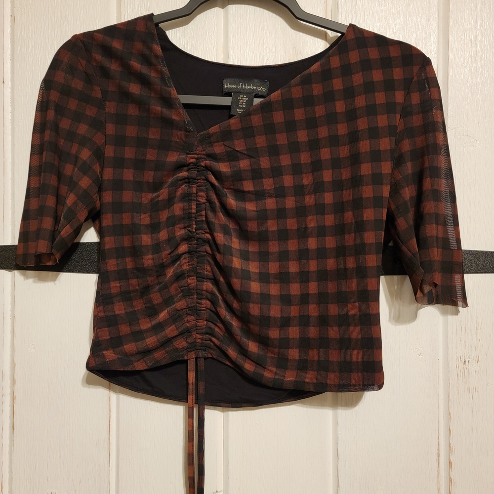House of Harlow 1960 Womens Top Black Brown Checkered Cropped Size Medium